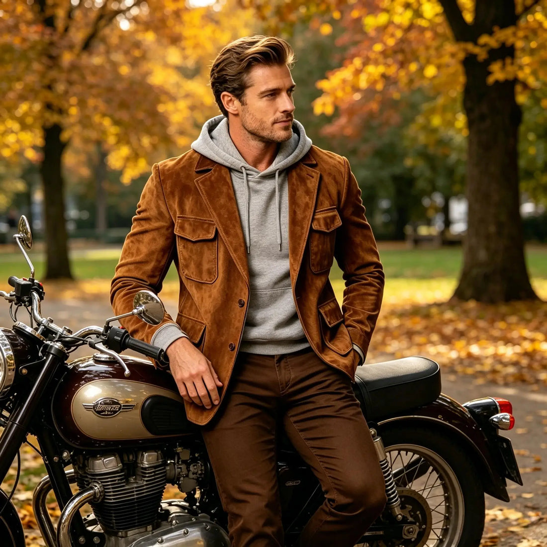 Men's Suede Safari Blazer Slim Fit Notch Lapel Multi-Pocket Hunting Jacket Autumn Winter Casual Business Sport Coat
