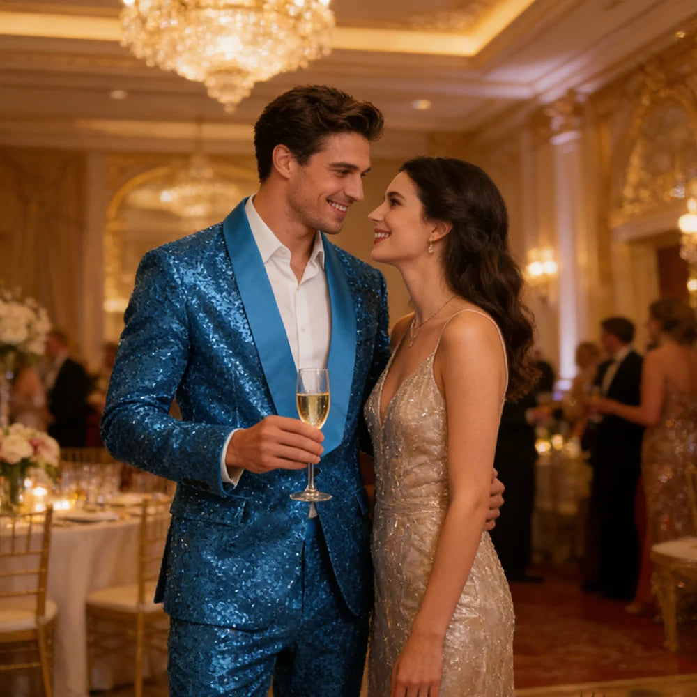 Men's Sequin Tuxedo Suit Set Shiny One Button Satin Patchwork Shawl Lapel Slim Fit 2 Piece Blazer Pants For Wedding Party Prom