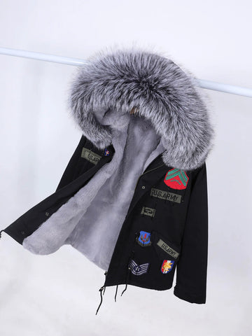 Winter Women's Embroidered Black Parka Coat Warm Natural Fur Collar Women's Jacket Outerwear