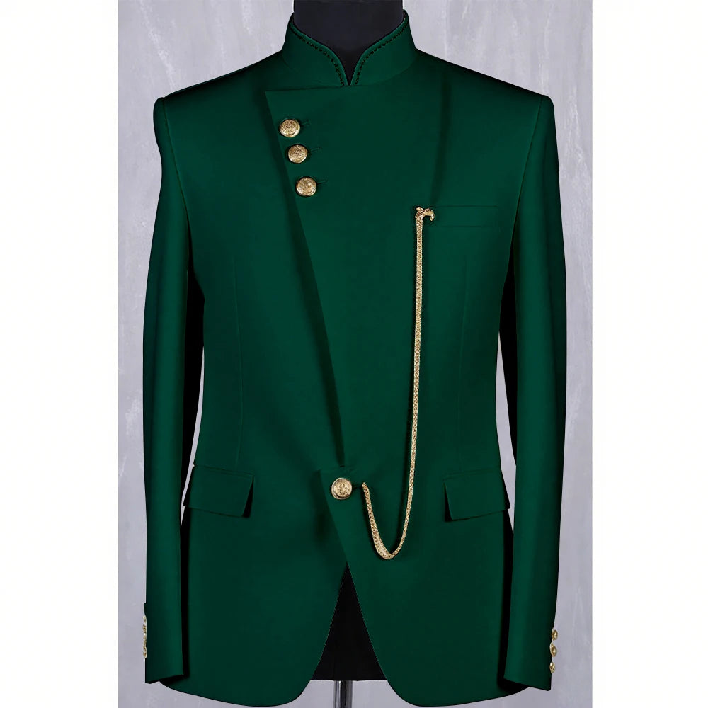 High Quality Blue Men Suit Casusl Blazer Single Breasted Stand Collar African Slim Fit Modern Style Outfits Jacket Pants