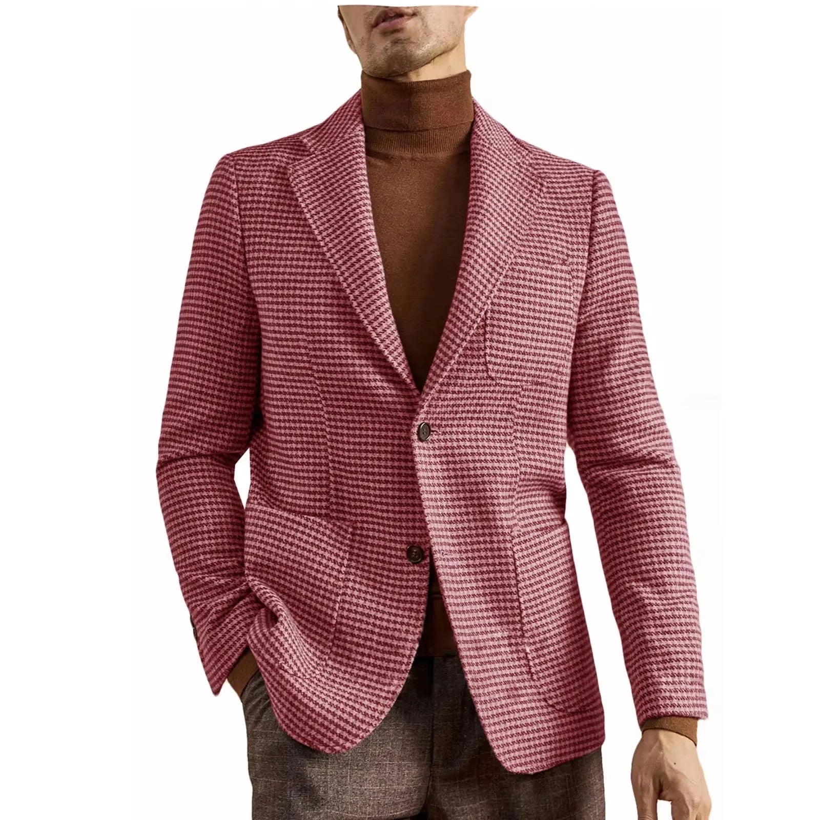 Men's Houndstooth Blazer Luxury Peak Lapel Slim Fit Wool Blend Suit Jacket For Classic Business Casual Fall Winter with Pockets