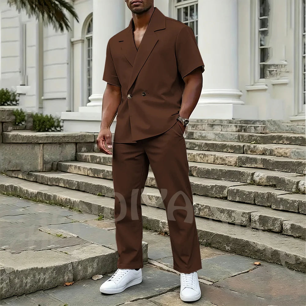 Stylish Men's 2 Piece Sets Notch Lapel Double Button Short Sleeves Blazer Suit Straight Fit Summer Casual Fashion Outfit