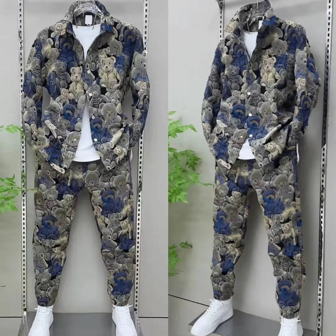 Autumn New Men's Fashion trend Painted Jacket Trousers Two-piece Suit Casual Fashion Men Set