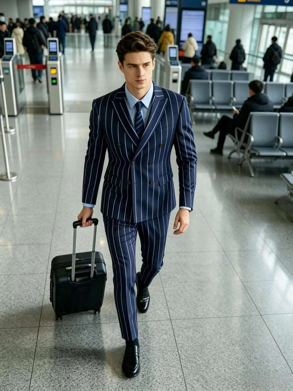 Men's Pinstripe 2 Piece Suit Set Double Breasted Peak Lapel Slim Fit Striped Tuxedo Suit For Wedding Prom Business Formal