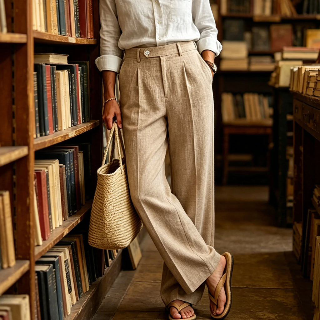 Men's Linen Beige Pants Straight Leg Trousers High Waist Pleated Lightweight Breathable Cool Summer Casual For Beach Vacation