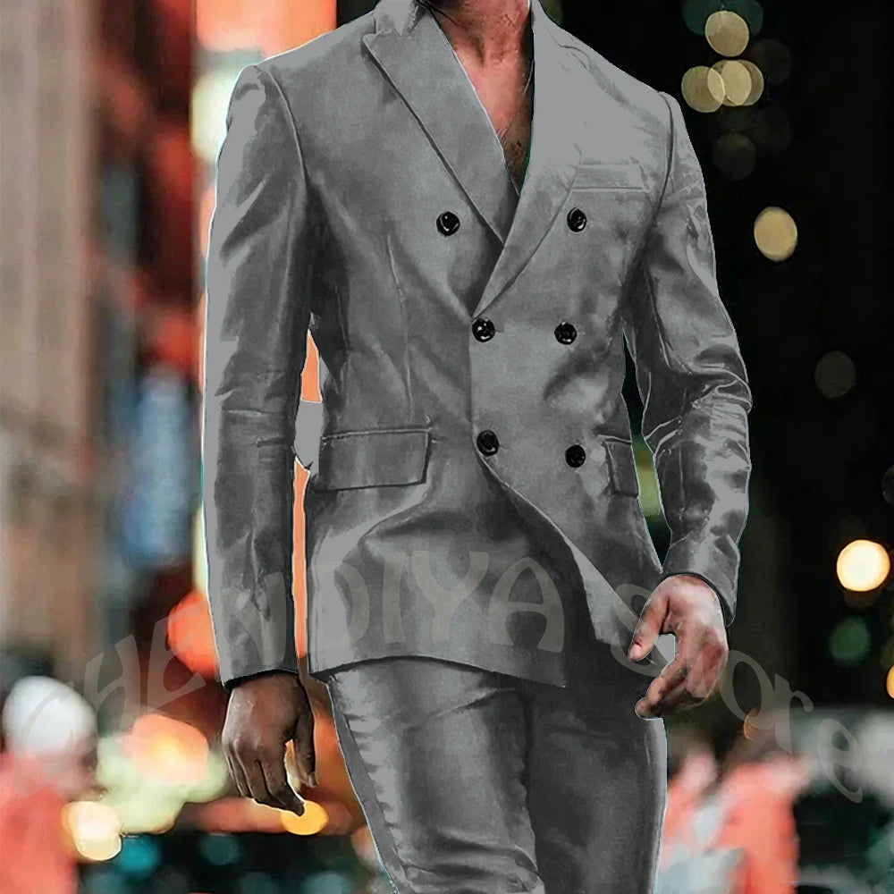 Elegant Satin Men Suit 2 Pieces Peaked Lapel Handsome Tailor-Made Custom Man Fashion Clothes Set Smart Casual Jacket Pants