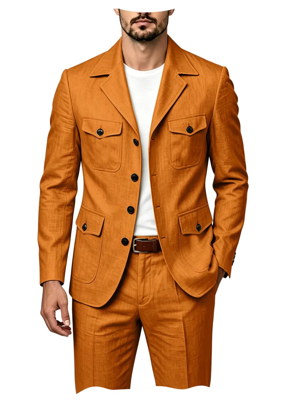 Men's Grey Linen Blend Suit 2 Piece Multi Pocket Peak Lapel Blazer pants Set Lightweight formal Suit for Summer Business Casual