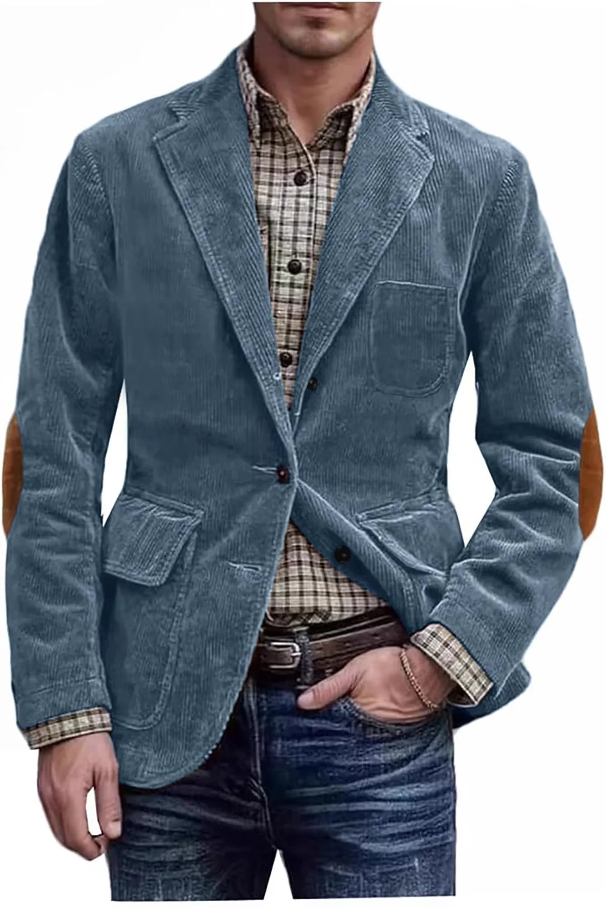 Men's Hunting Corduroy Blazer with Elbow Patches Vintage Tan Notched Lapel Casual Jacket British Slim Fit Daily Work Suit Coat