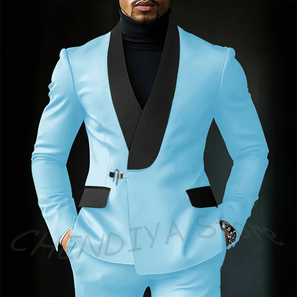Contrast Color Men's Suit Set 2 Piece Elegant Shawl Lapel Slim Fit Formal Outfit Business Casual Jacket Pants Customized