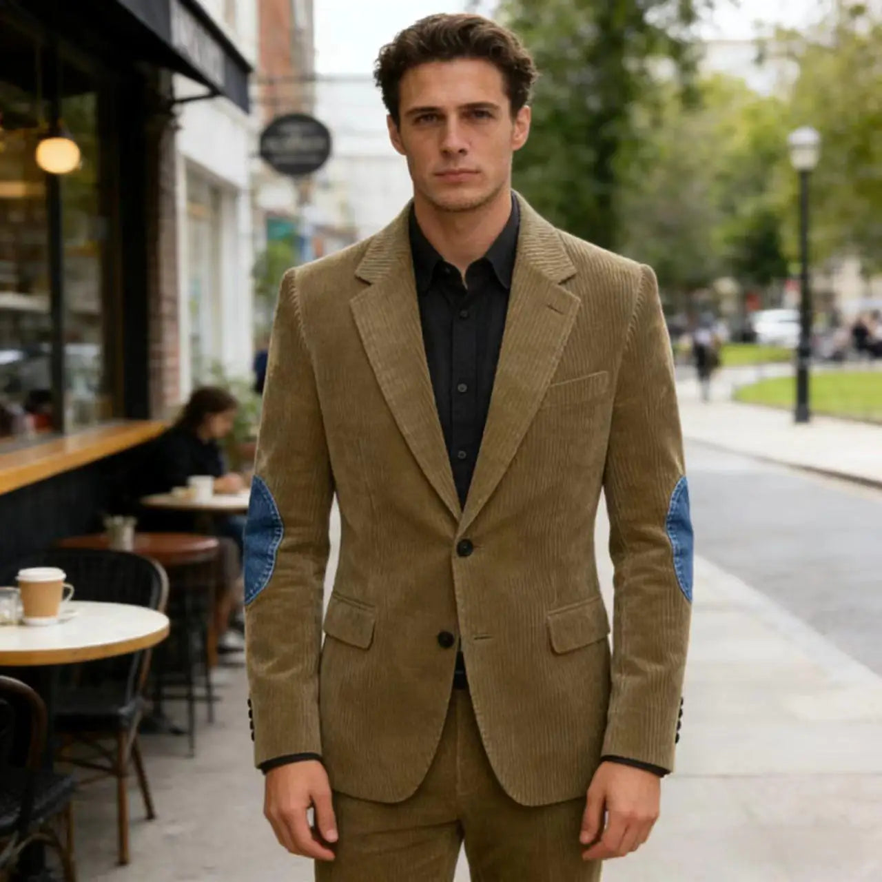 Vintage Men's Corduroy Blazer Jacket with Denim Elbow Patches Casual Business Notch Lapel Suit Sport Coats for Men Spring
