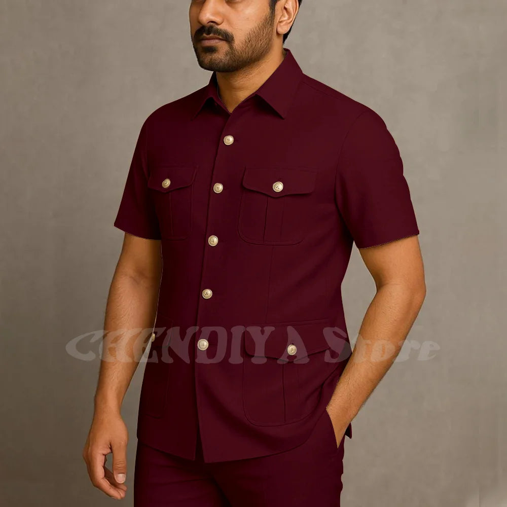 Solid Color Men Suits Safari Style Stand Collar Single Breasted Slim Fit Outfits Smart Casual Office Work Social Daily Set