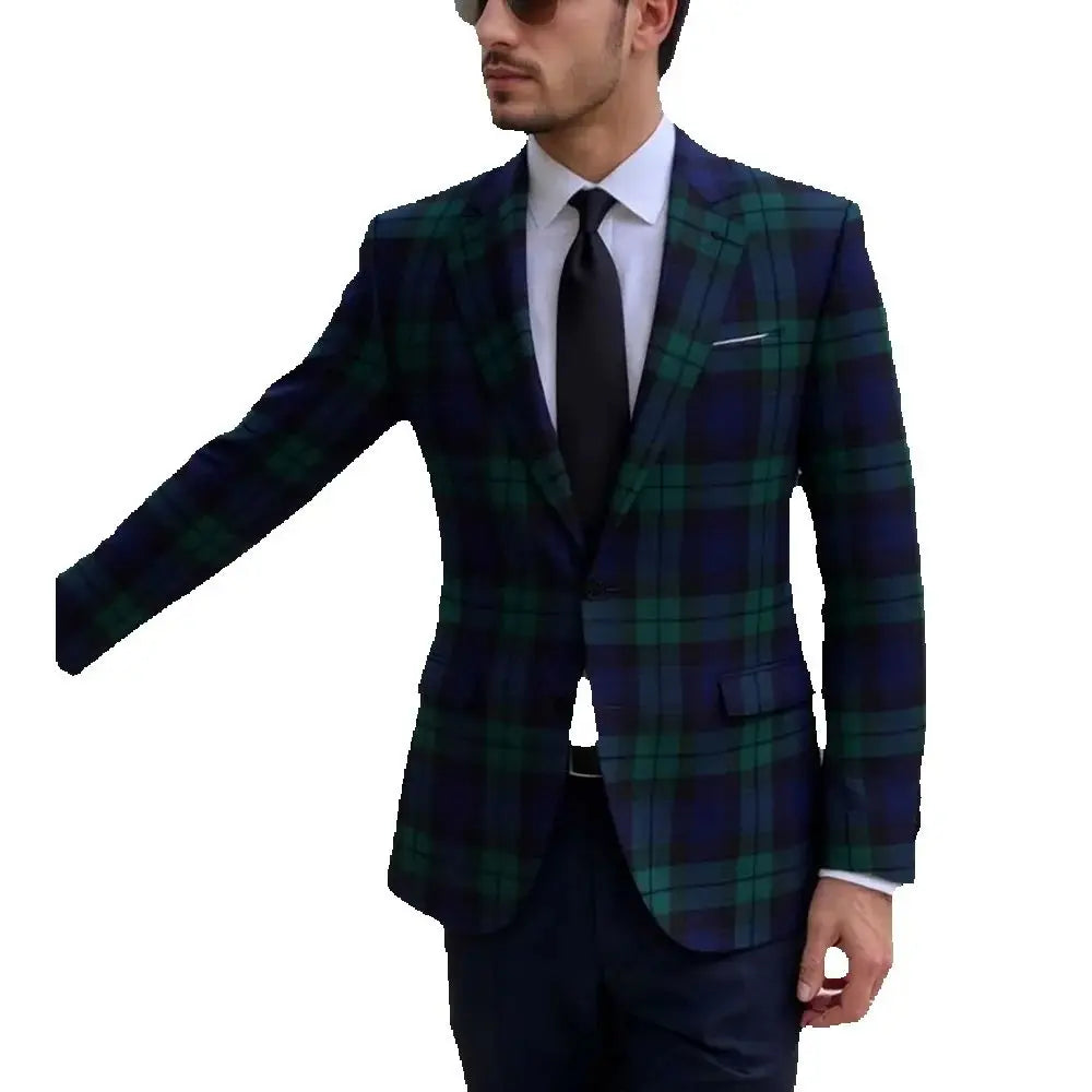 Elegant Plaid Formal Wedding Suit Slim High Quality Notch Lapel Single Button Unique Solid Pants Business Casual Male Set