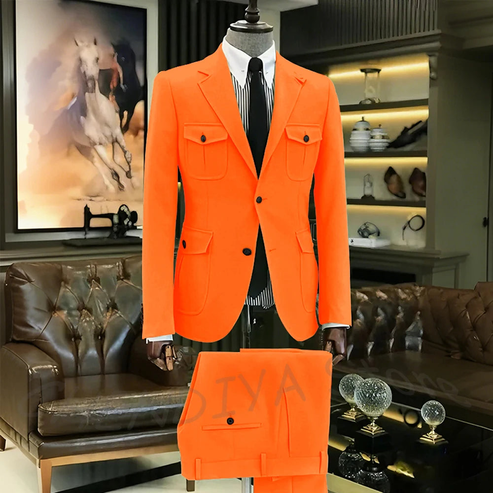 Customized Men Suits Solid Color Four Pockets Notch Lapel Outfits Formal Party Prom Daily Male Sets Two Piece(Blazer+Pants)