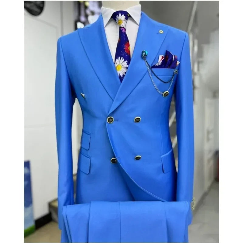 2 Pieces  Double Breasted Formal Men Suits Slim FitGroom Tuxedos for Wedding Peaked Lapel Custom Male Blazer Prom Daily Wear