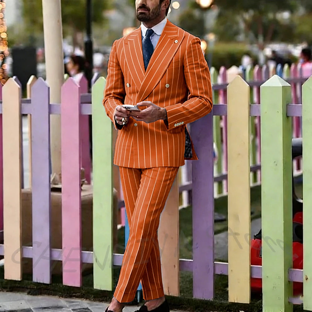 Light Purple Striped Men Suit England Style Peaked Lapel Double Breasted Classic Male Clothing Wedding Groom Tuxedo Custom Set