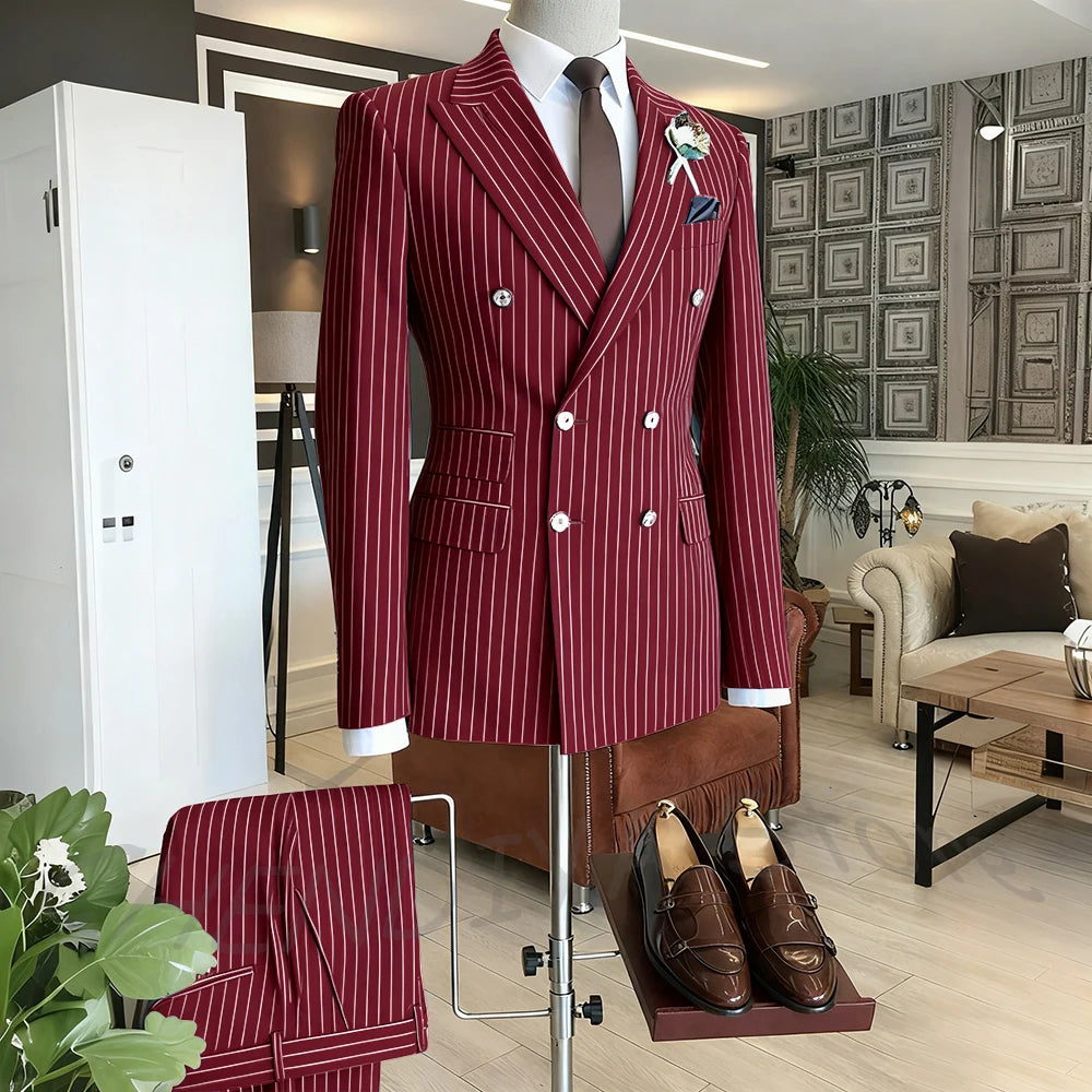 Brown Striped Men Suits Double Breasted Formal Outfits 2 Piece Male Clothing Business Casual Tailored Party Prom Jacket Pants