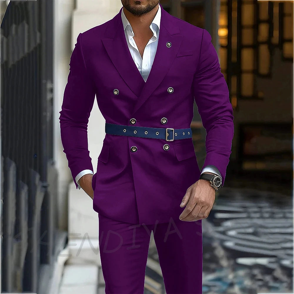 Navy Blue Men's Suit Classic Peak Lapel Blazer Double Breasted Formal Set Two Piece Business Casual Male Clothing Without Belt