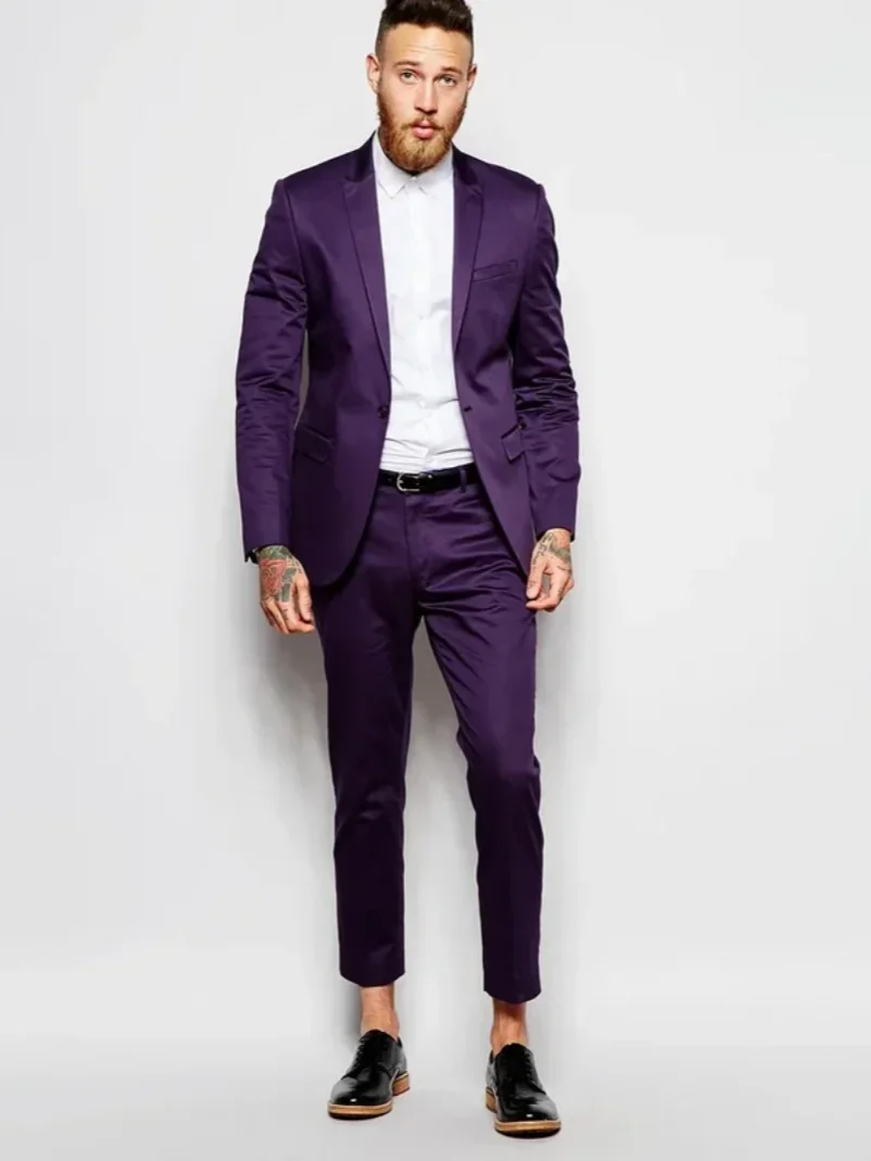 2 PiecePurple Satin Wedding Suit For Men High Quality Jacket Slim Fit  Stage Tuxedo Style Suits Custom Prom Blazer Costume Homme