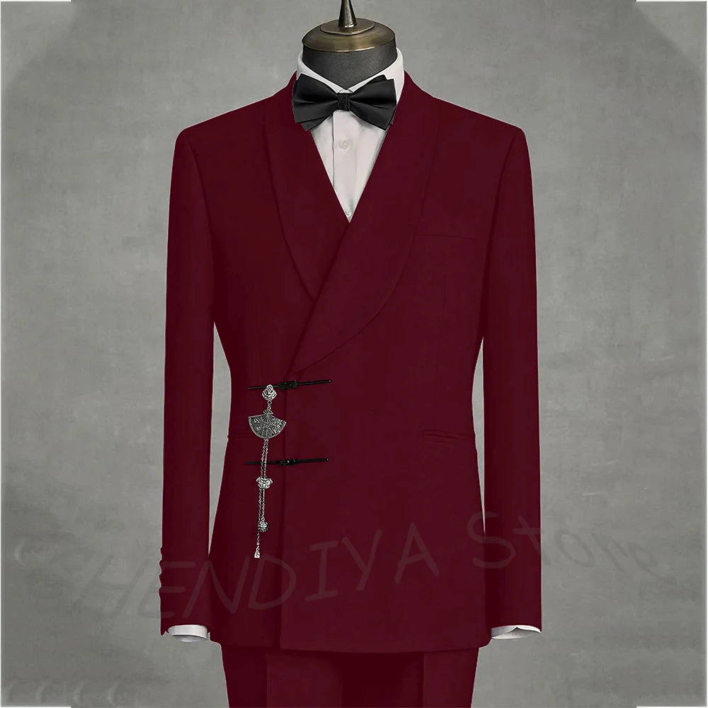 Solid Black Men's Suits Slim Fit Double Button Business Pants Suit Tailored Prom Party Wedding 2 Piece Jacket With Pants
