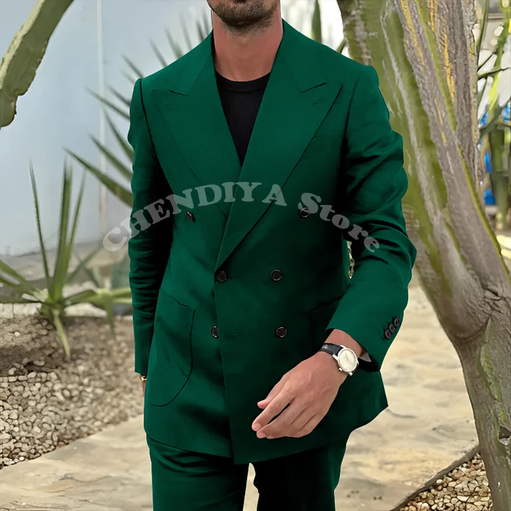 Fashion Men's Suits Black Notch Lapel Double Breasted Classic Smart Casual 2 Piece Prom Party Wedding Tuxedo Slim Costume Homme