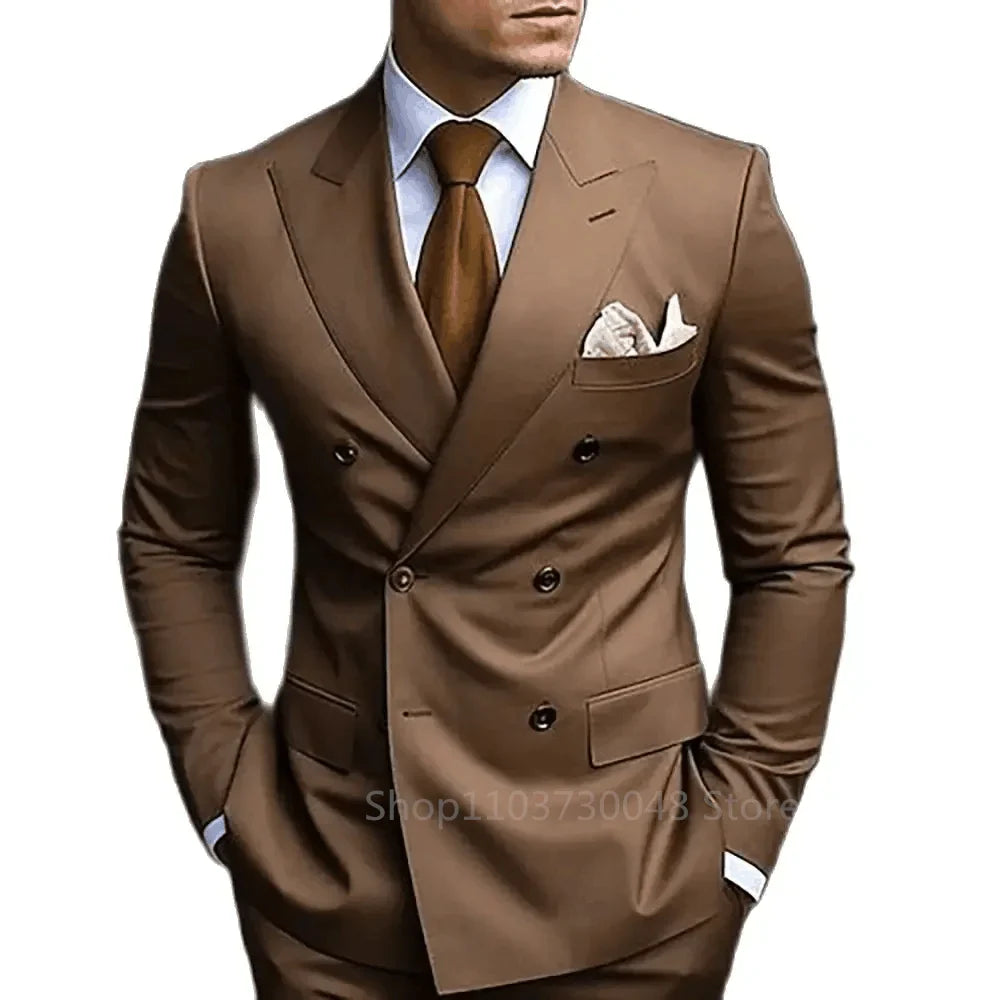 Formal Men 2 Piece Brown Wedding Suits Groom Tuxedo Slim Fit Peak Lapel Blazer Pants Business Suits Costume Homme For Party Prom