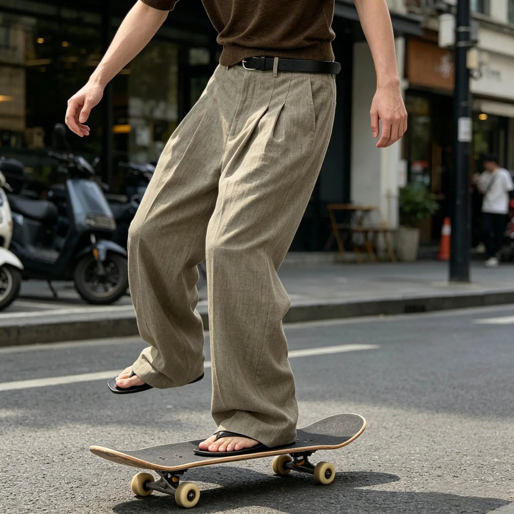 Men Linen Wide Leg Pants High Waist Pleated Casual Trousers Breathable Loose Straight Suit Pants Streetwear