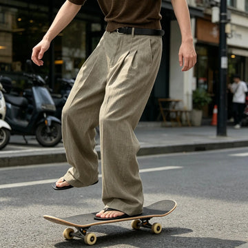 Men Linen Wide Leg Pants High Waist Pleated Casual Trousers Breathable Loose Straight Suit Pants Streetwear