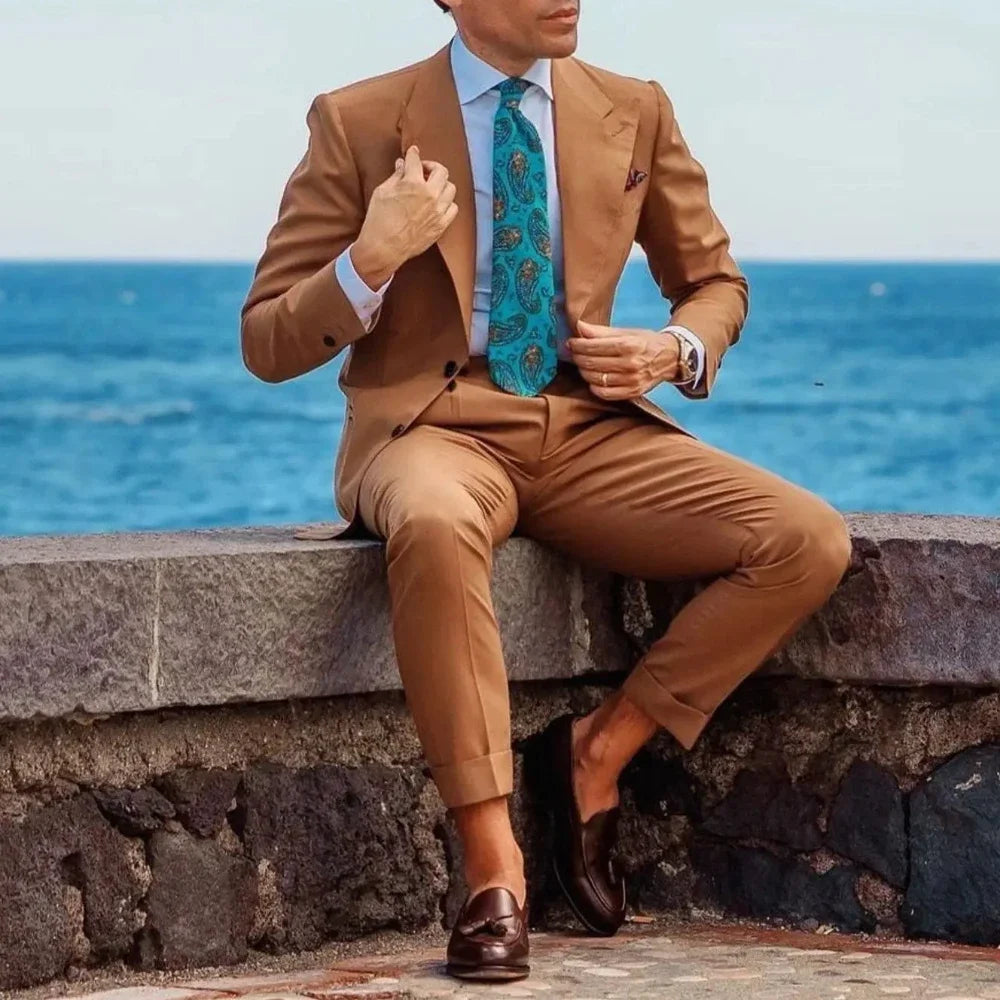 Fashion Brown Suits for Men 2 Piece Summer Peak Lapel Single Breasted Tuxedo Groom Wedding Casual Daily Suits (Jacket+Pants)