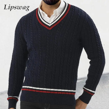 Casual Knitted Jumper Tops Mens Sweaters 2024 Autumn Fashionable Striped V Neck Sweater Men Vintage Slim Long Sleeve Knit Tops