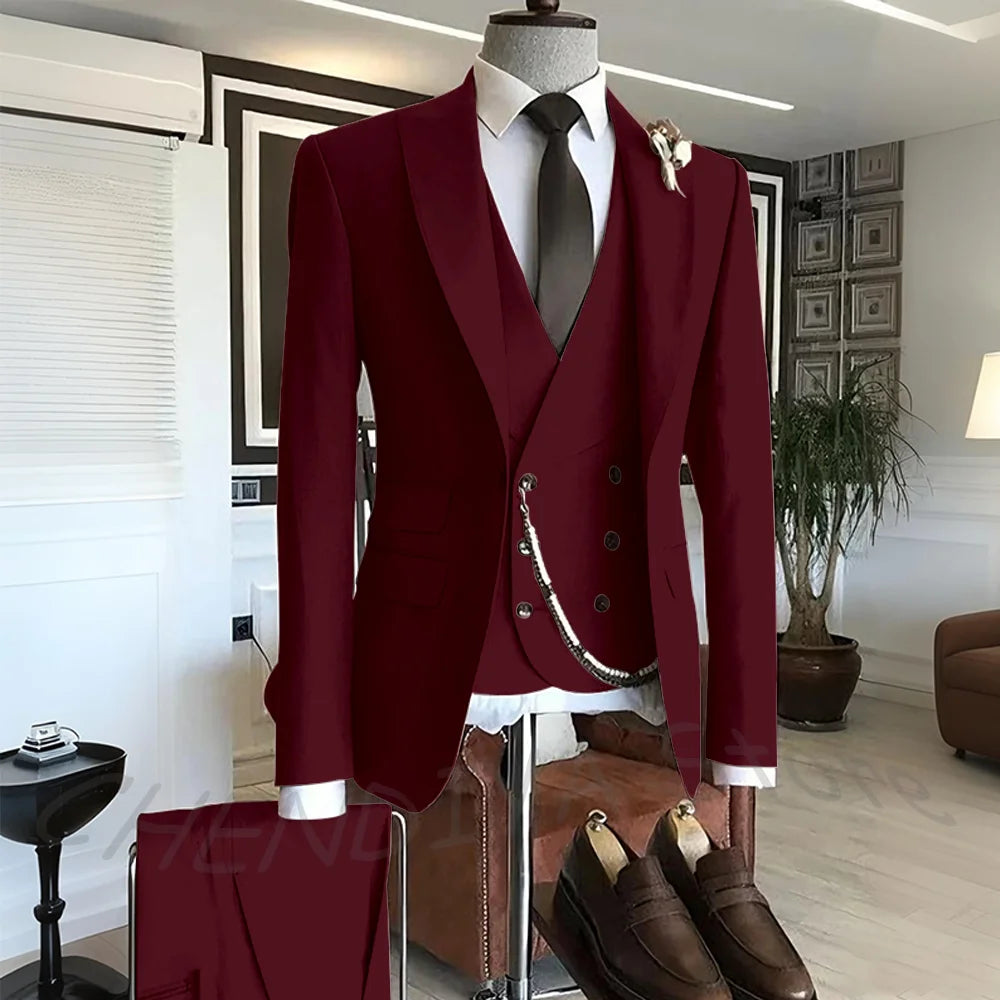Men's Suit Formal Set 3 Piece Chic Single Button Peak Lapel Slim Fit Outfit Jacket Pants Vest High Quality Business Casual