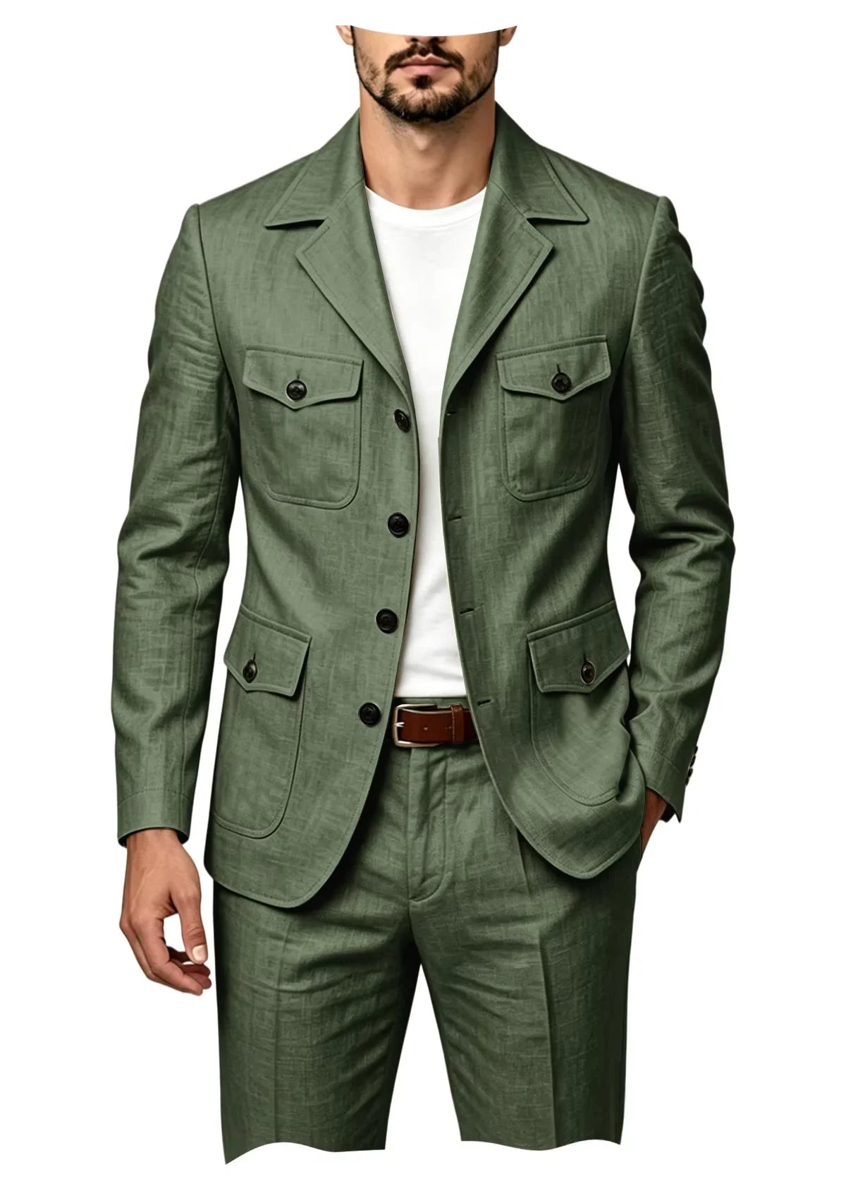 Men's Grey Linen Blend Suit 2 Piece Multi Pocket Peak Lapel Blazer pants Set Lightweight formal Suit for Summer Business Casual
