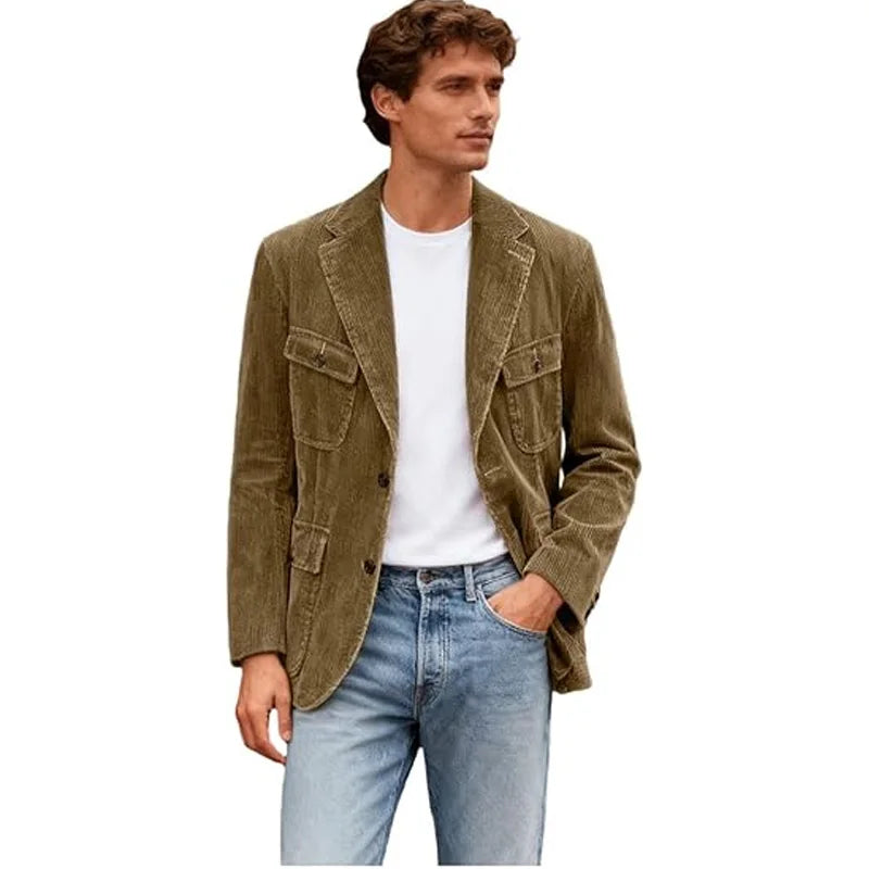 Vintage Men's Corduroy Casual Blazer Slim Fit Solid Color Black Brown Fashion Single Breasted Outerwear Customized Male's Jacket