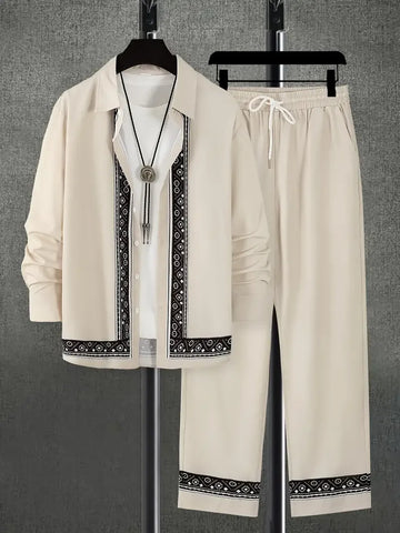 Long Sleeve Shirt Set Men's Color Block Line Pattern 3D Printed Button Shirt Pants 2-piece Neutral Fashion Casual Street Suit