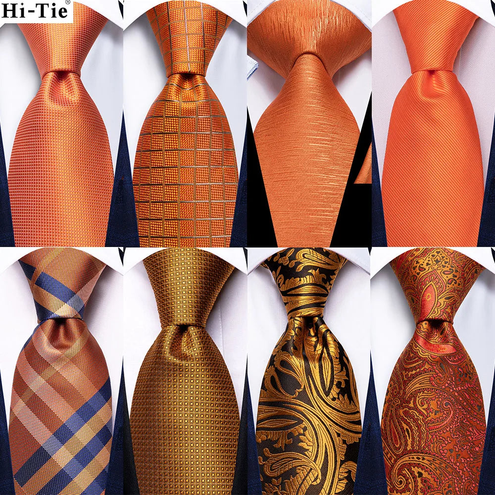 Hi-Tie Designer Orange Paisley Silk Wedding Tie For Men Handky Cufflink Gift Mens Necktie Fashion Business Party Dropshiping