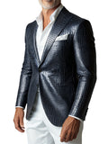 Men Elegant Brown Crocodile PU Leather Blazer Shawl Lapel Long Sleeve Pocket With Belt Business Casual Male Fashion Suit Jacket