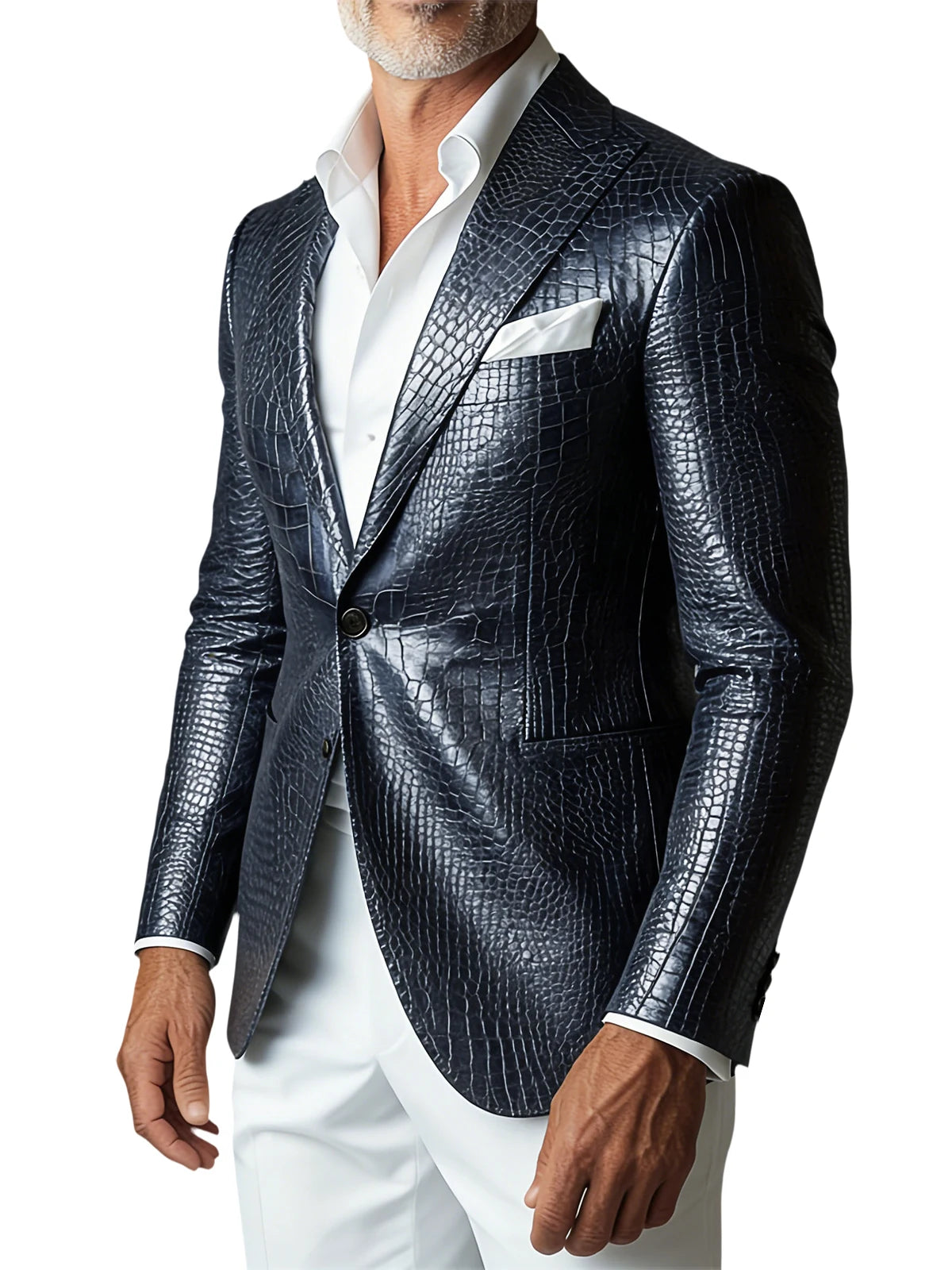 Men Elegant Brown Crocodile PU Leather Blazer Shawl Lapel Long Sleeve Pocket With Belt Business Casual Male Fashion Suit Jacket