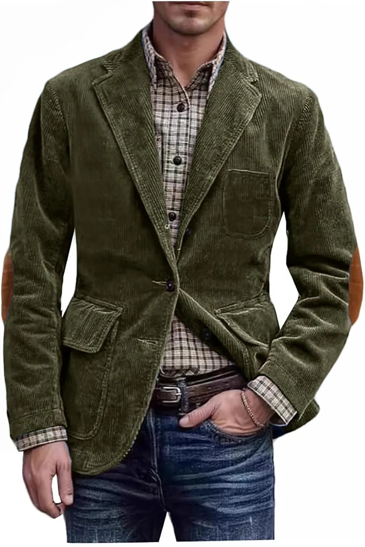Men's Hunting Corduroy Blazer with Elbow Patches Vintage Tan Notched Lapel Casual Jacket British Slim Fit Daily Work Suit Coat