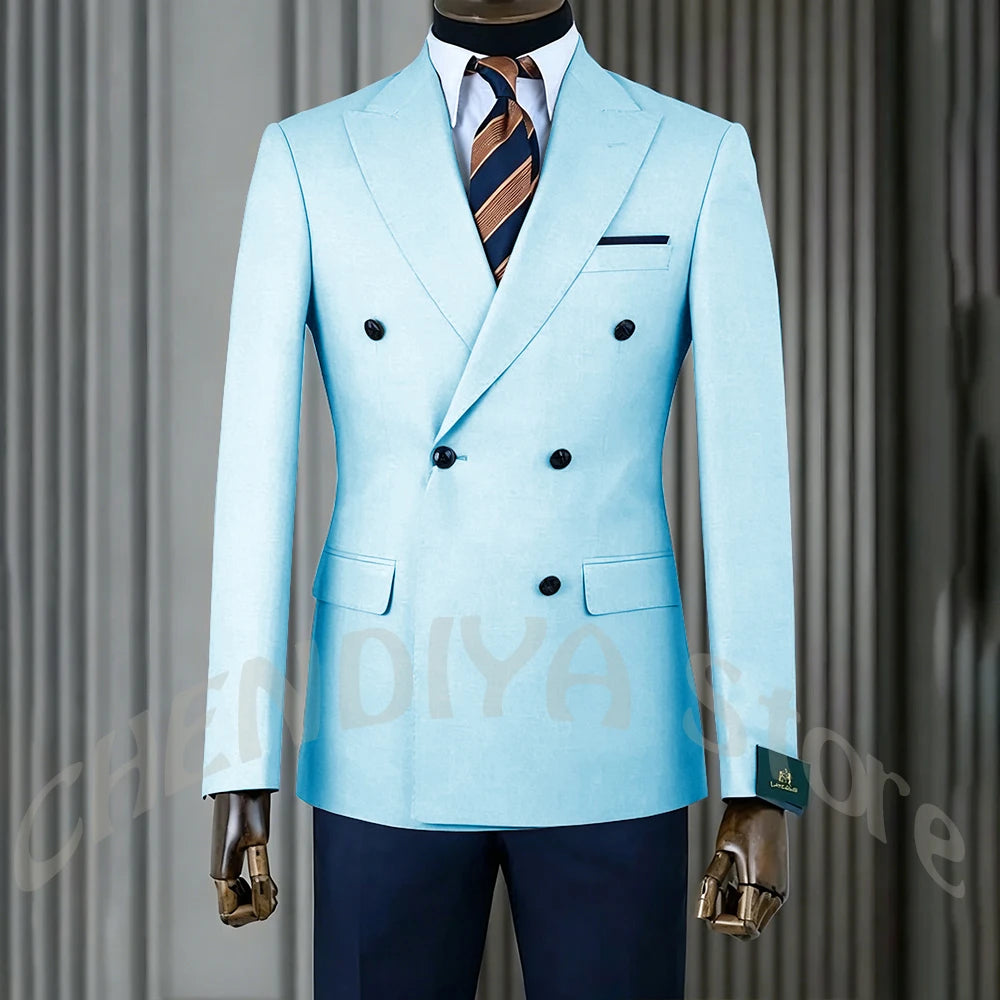 Stylish Men Suits Contrast Color Formal Blazer Male Clothing Double Breasted Business Casual Party Prom Jacket Pants Navy Blue