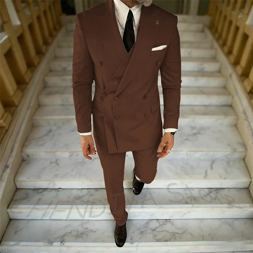 High Quality Peaked Lapel Suit For Men Double Breasted Gentleman Wedding Groom Tuxedo Custom Man Fashion Clothes Set Two Pieces