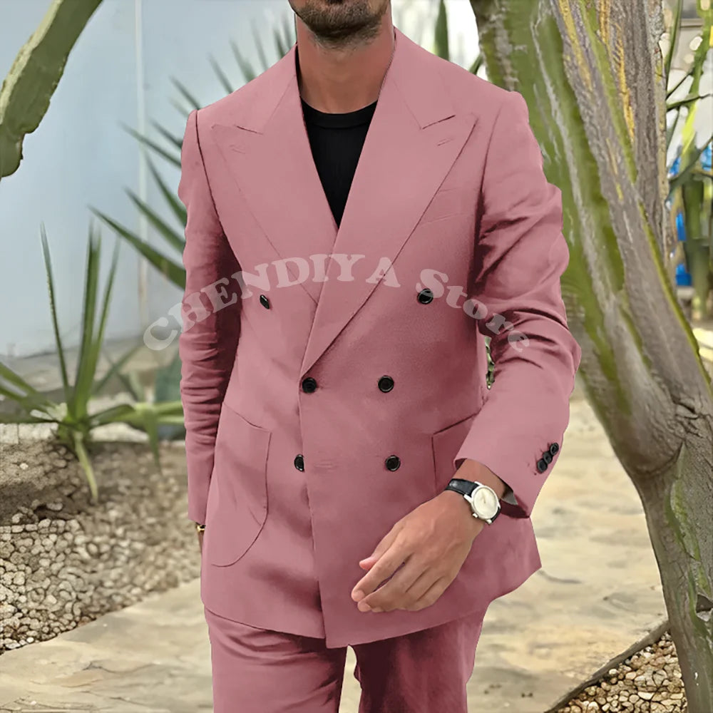Fashion Men's Suits Black Notch Lapel Double Breasted Classic Smart Casual 2 Piece Prom Party Wedding Tuxedo Slim Costume Homme