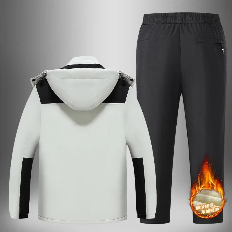 Fleece Waterproof Tracksuits Winter Thick Two Pieces Set Mens Casual Winter Outdoor Track Suit Jacket+Pants Warm Hiking Jacket