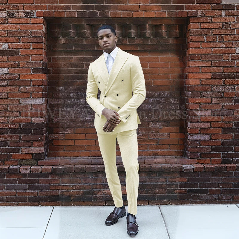 Grey Double Breasted Men's Suit 2 Pieces Jacket Pants Business Casual High Quality Office Stylish Male Clothing