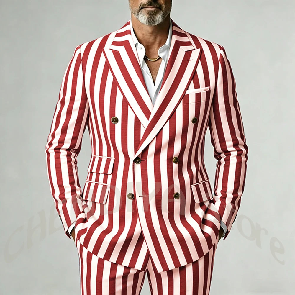 Casual Wide Striped Men's Suit Double Breasted Peaked Lapel Tailored Costume Homme Smart Business Office Daily Party Outfit