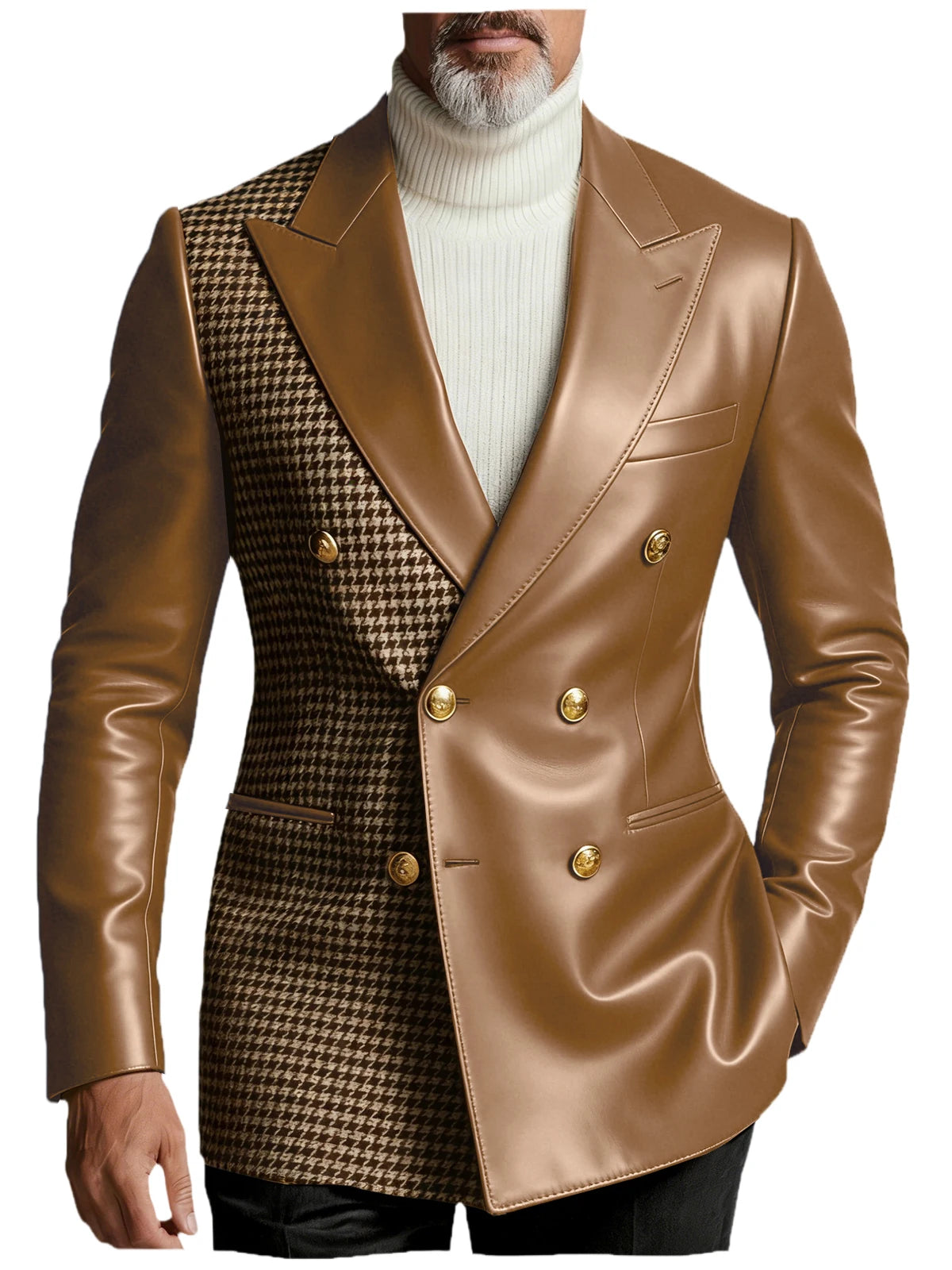 Men's Houndstooth Faux Leather Patchwork Blazer Jacket Double Breasted Peak Lapel Gold Button Slim Fit Suit For Business Casual
