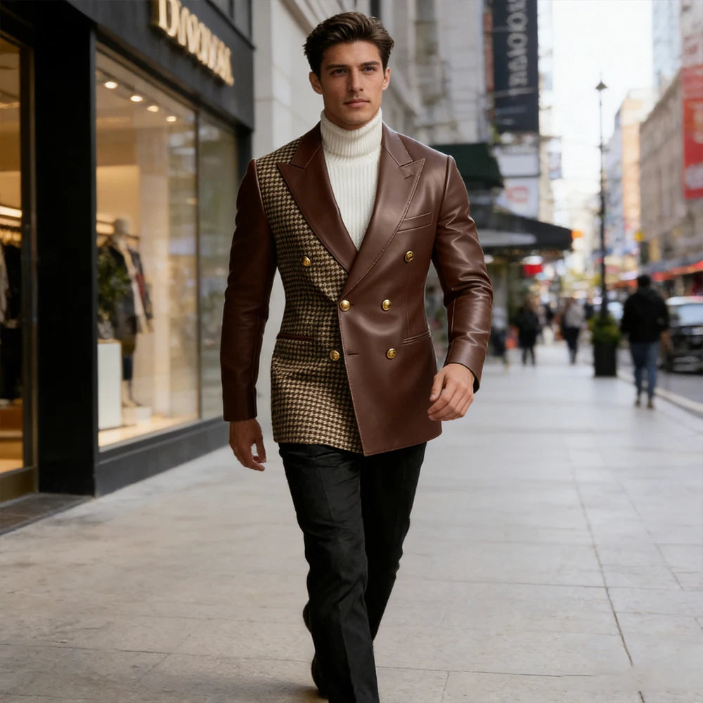 Men's Houndstooth Faux Leather Patchwork Blazer Jacket Double Breasted Peak Lapel Gold Button Slim Fit Suit For Business Casual