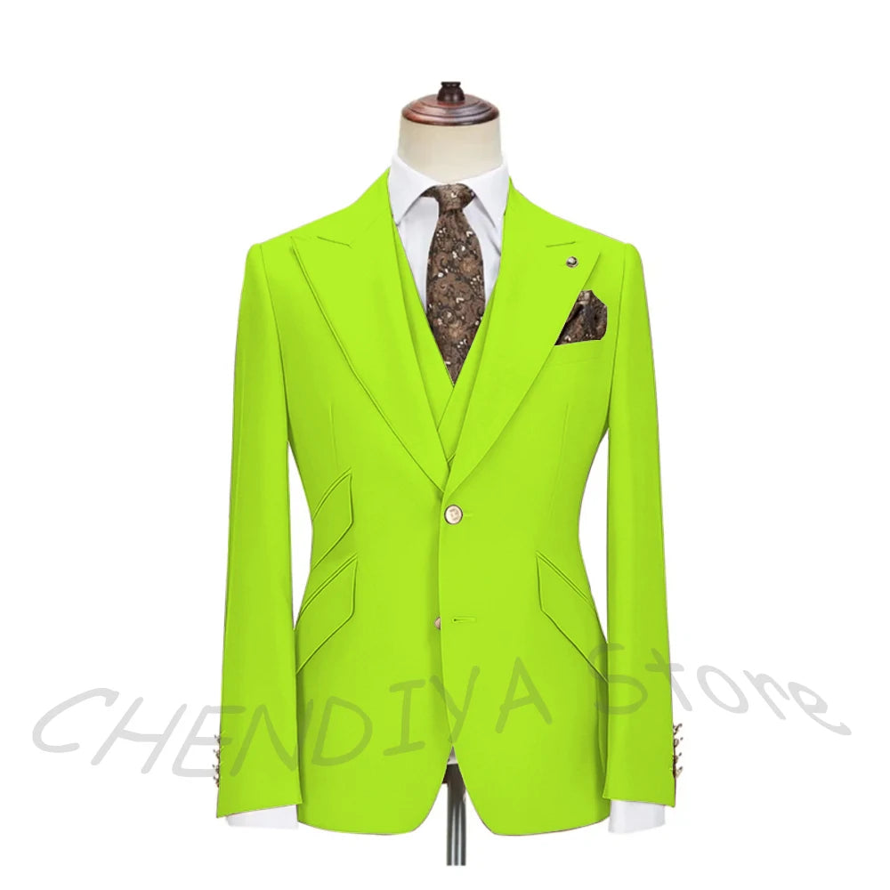 Solid Color Men's Suits 3 Piece (Blazer+Pants+Vest) Fashion Peak Lapel Single Breasted Prom Male  Business Casual Clothing