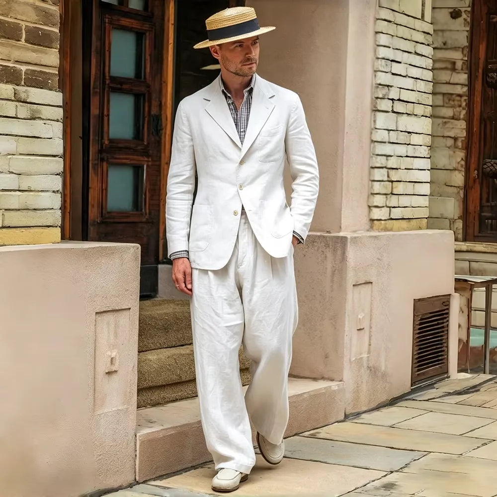 Men's Linen Suit 2 Pieces Luxury Slim Fit Casual Blazer Straight Leg Pants Breathable Wrinkle Resistant Lightweight For Wedding