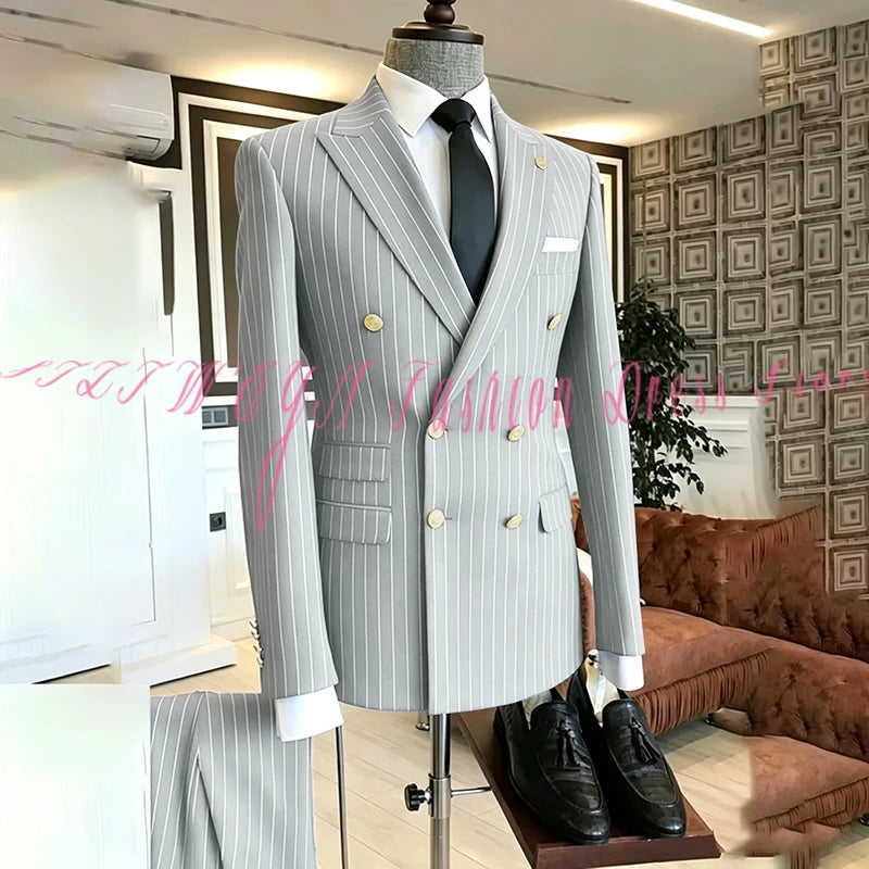 2025 Men's High-End Boutique Suit Stripe Trousers Set Wedding Party Fashion Business Casual Trendy Two-Piece Ensemble