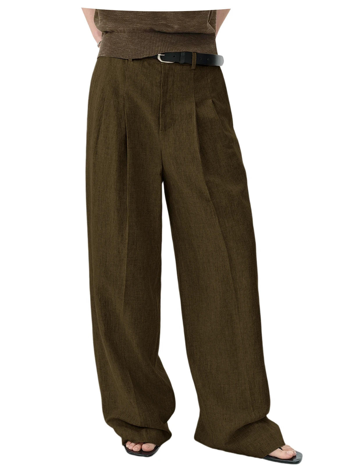 Men Linen Wide Leg Pants High Waist Pleated Casual Trousers Breathable Loose Straight Suit Pants Streetwear