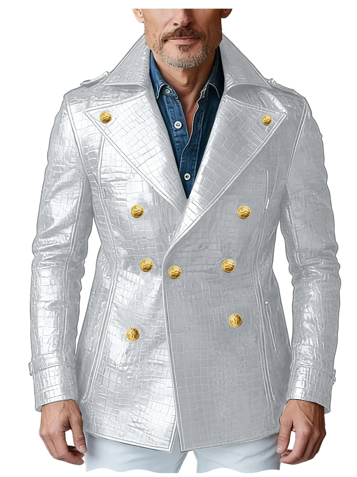 Men's Crocodile Embossed Leather Blazer Double Breasted Trench Coat Wide Lapel Gold Button Slim Fit Jacket For Four Season